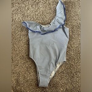 J. Crew Blue and White Striped One-Shoulder Swim One Piece